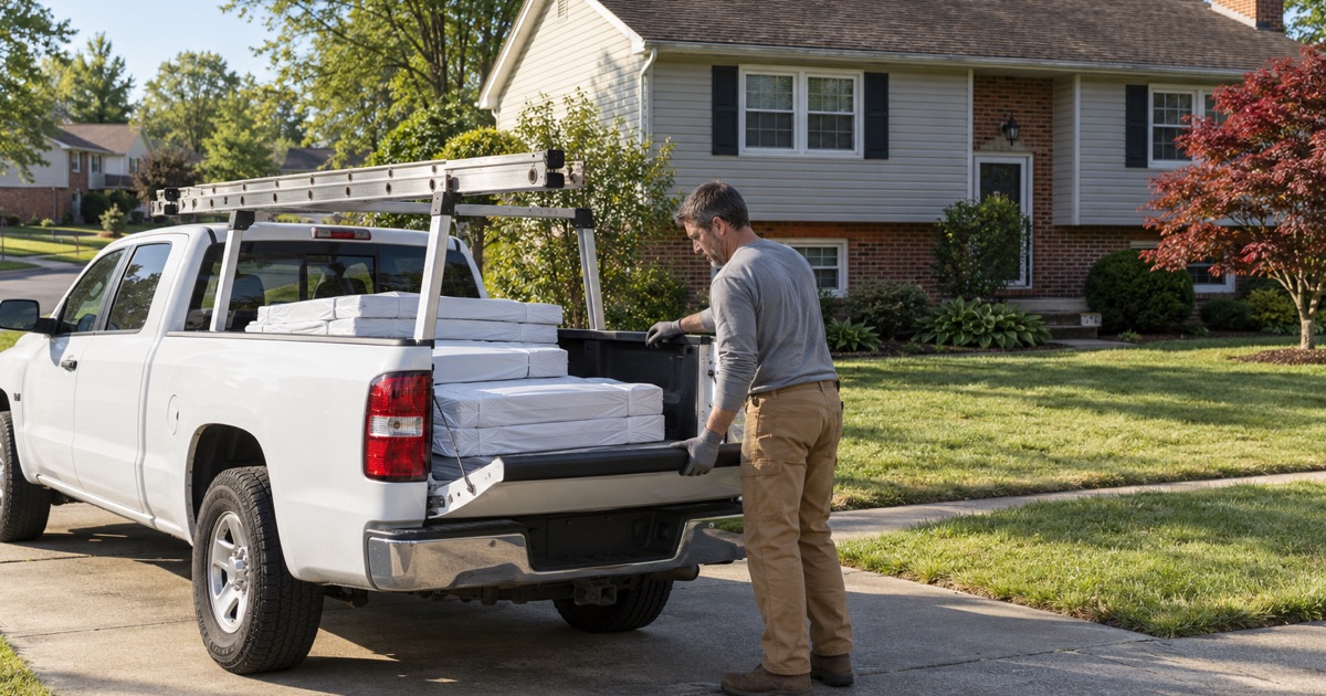 A roofer lowering the tailgate of a work pickup loaded with shingles at the start of a job on a Bensalem Township street.