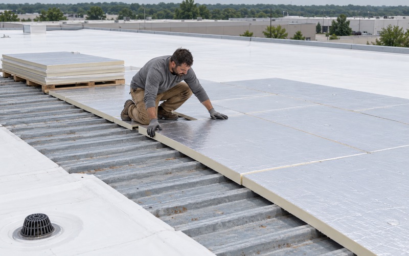 A roofer laying new insulation boards across the flat roof of a warehouse in Bensalem Township during a commercial re-roof.