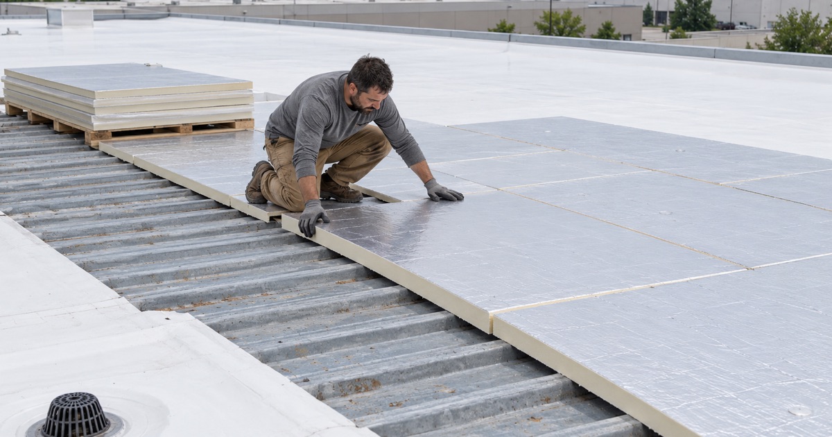A roofer laying new insulation boards across the flat roof of a warehouse in Bensalem Township during a commercial re-roof.