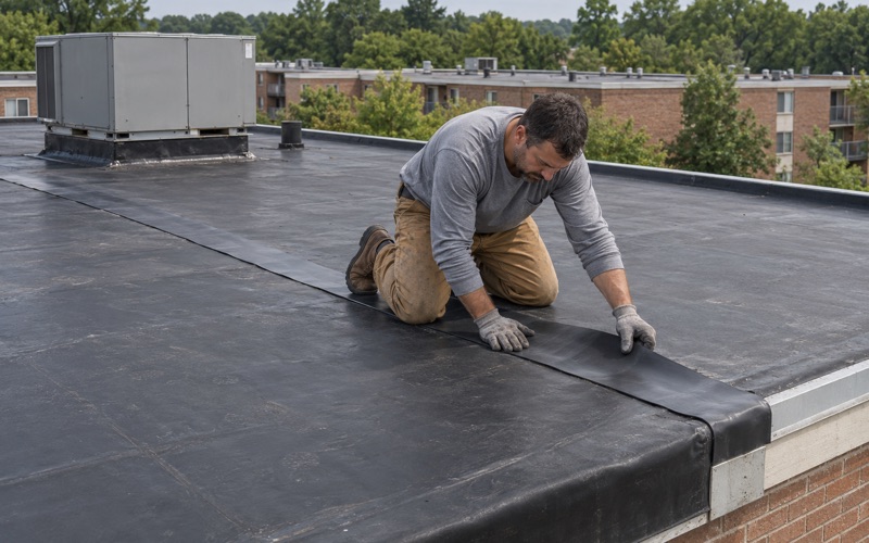 A roofer pressing a cover strip over an opened seam on the black rubber flat roof of a condominium building in Bensalem Township.