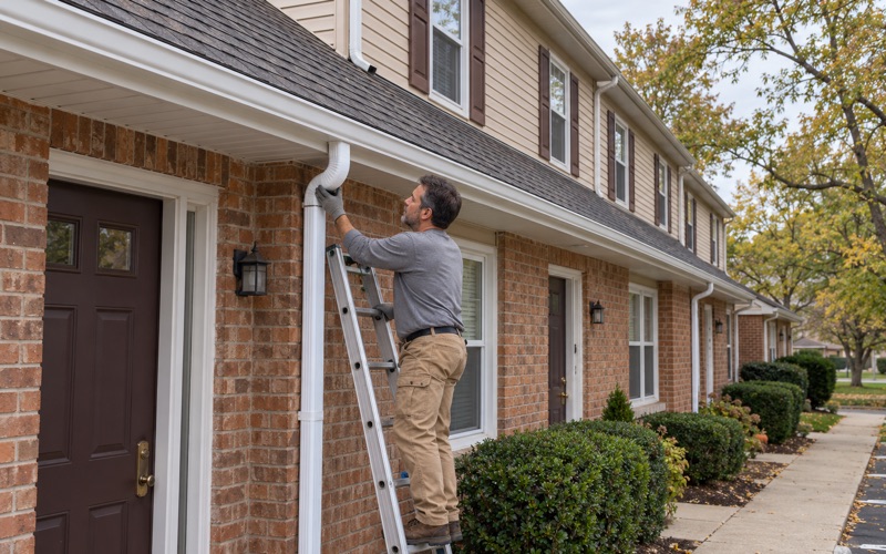 A roofer fitting the downspout elbow under a new seamless gutter on a row of townhouses in Bensalem Township.