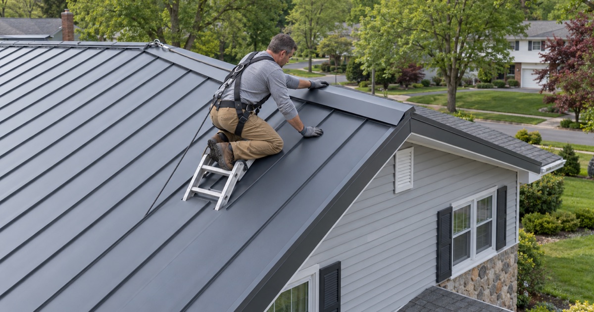 A roofer setting the ridge trim along a new charcoal standing-seam steel roof on a split-level in Bensalem Township.