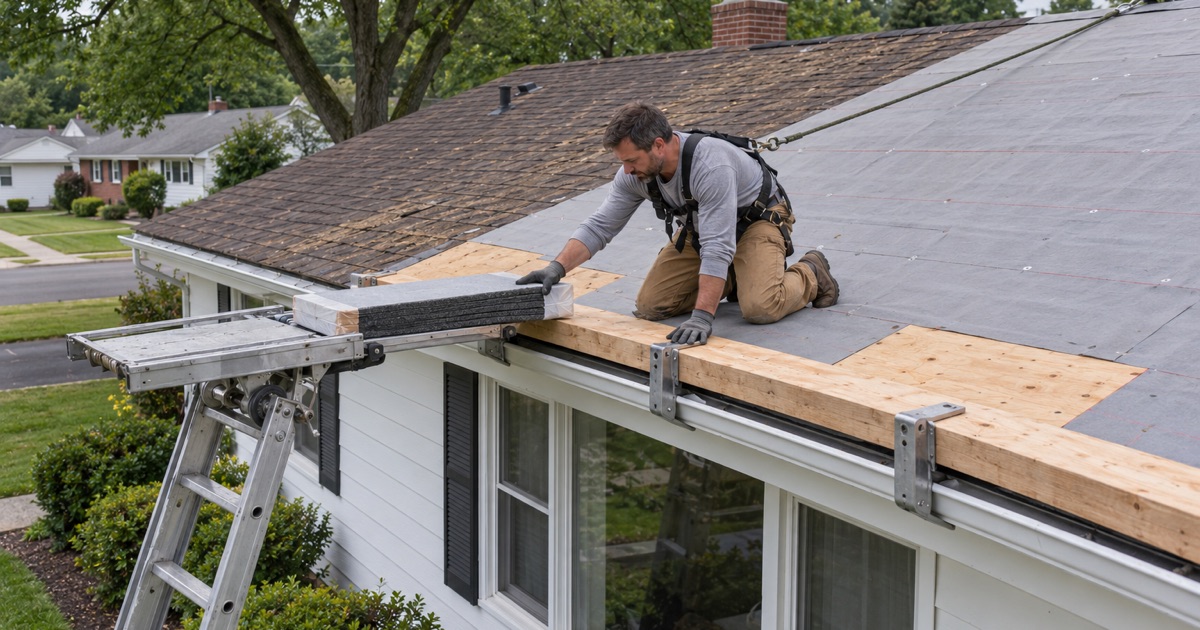 A roofer sliding a bundle of new shingles off a ladder hoist platform onto the half-stripped roof of a ranch in Cornwells Heights, Bensalem Township.