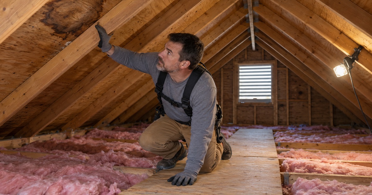 A roofer inspecting the underside of the roof deck in the attic of a 1970s colonial in Bensalem Township, checking for water stains.
