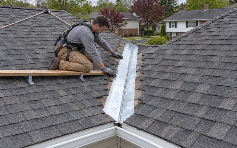 A roofer re-laying the open metal valley where two roof slopes meet on a split-level in Bensalem Township to stop a leak.