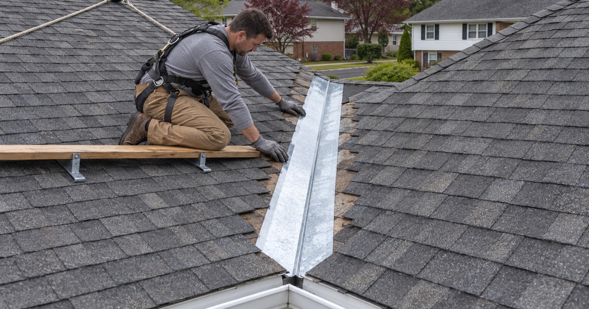 A roofer re-laying the open metal valley where two roof slopes meet on a split-level in Bensalem Township to stop a leak.