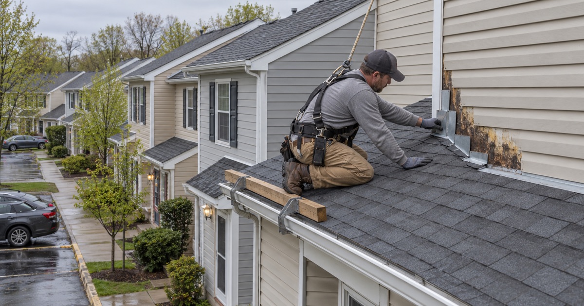 A roofer fitting a kickout flashing where a townhouse roof meets the taller wall of the unit next door in Bensalem Township.