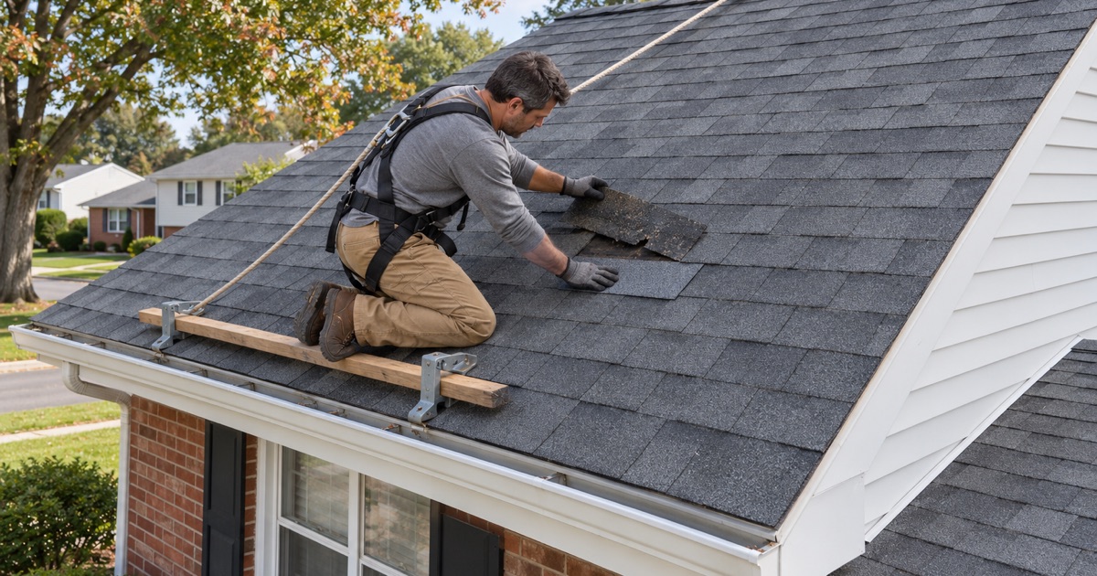 A roofer replacing a cracked shingle on the front slope of a 1970s split-level in Bensalem Township.