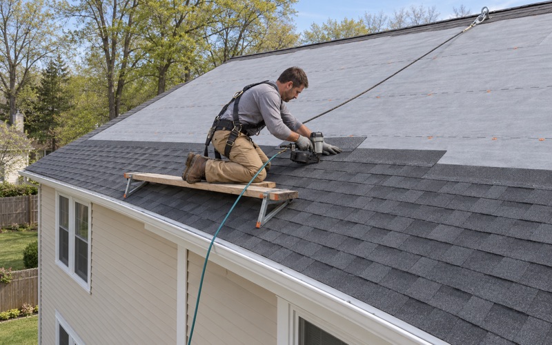 New charcoal shingles nailed down over fresh underlayment during a full roof replacement on a 1970s colonial in Bensalem Township.