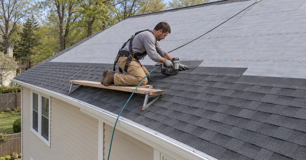 New charcoal shingles nailed down over fresh underlayment during a full roof replacement on a 1970s colonial in Bensalem Township.