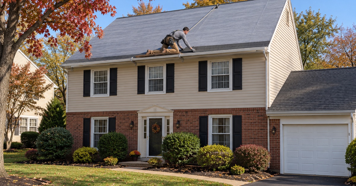 A roofer laying the starter course along the eave of a 1970s brick-front colonial in the Trevose section of Bensalem Township.