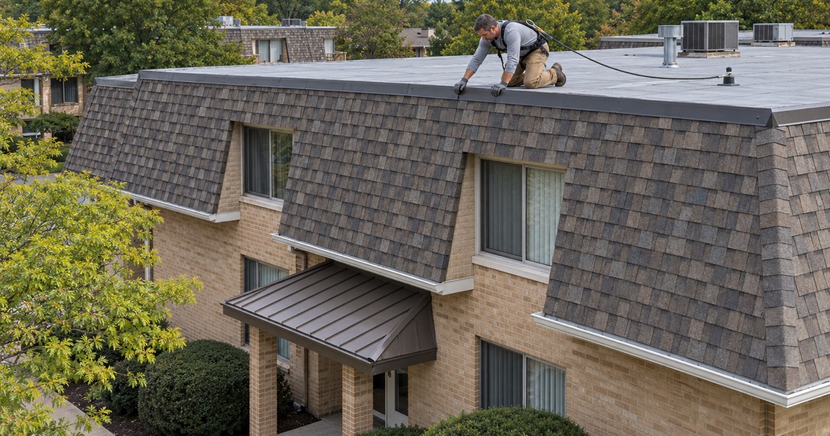 A roofer at the top edge of the shingled mansard on a garden condominium building in Bensalem Township, the flat membrane roof behind it.