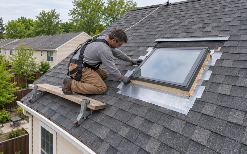 A roofer weaving step flashing up the curb of a new skylight on a townhouse roof in Bensalem Township.