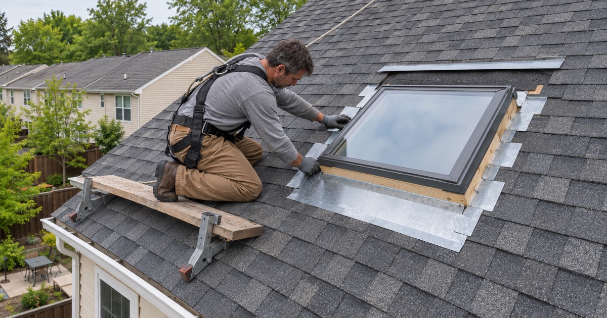 A roofer weaving step flashing up the curb of a new skylight on a townhouse roof in Bensalem Township.