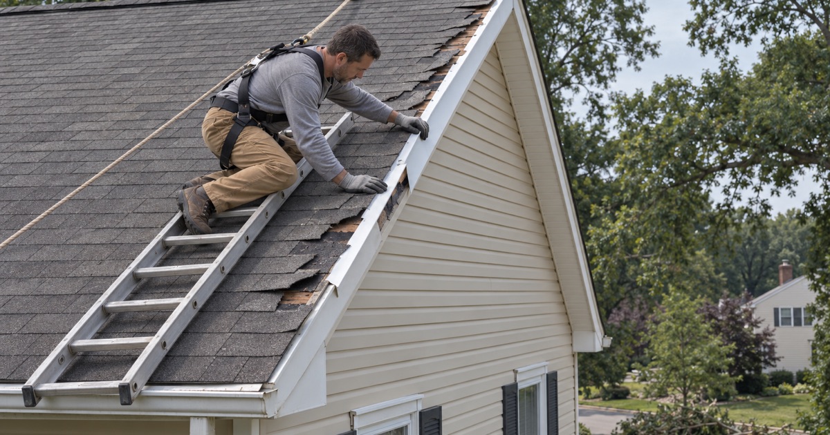 A roofer refitting wind-torn rake trim and shingles along the gable edge of a colonial in Bensalem Township after a storm.