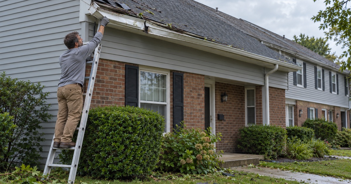 A roofer checking a gutter torn loose at the corner of a townhouse in Trevose, Bensalem Township, the morning after a summer tornado.